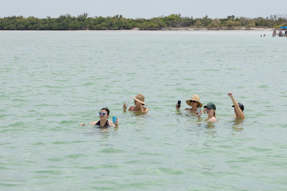 Guests swimming near a mangrove island