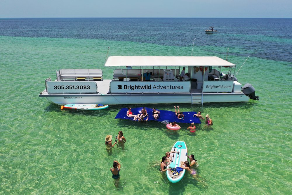 Aerial view of the Brightwild boat with the lily pad mat out at the sandbar